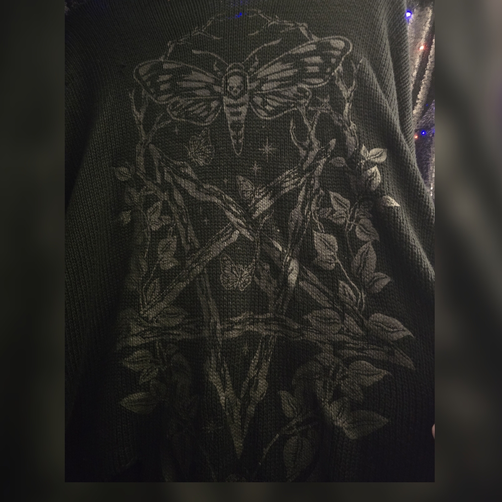 Killstar Black Gothic Hooded Sweater With Moth, Vines And Pentagram